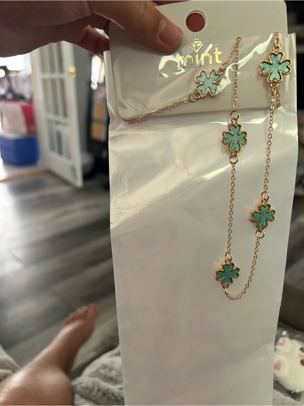 4/$50 clover Mint Gold-Tone Necklace with Mint Green Flower Charms